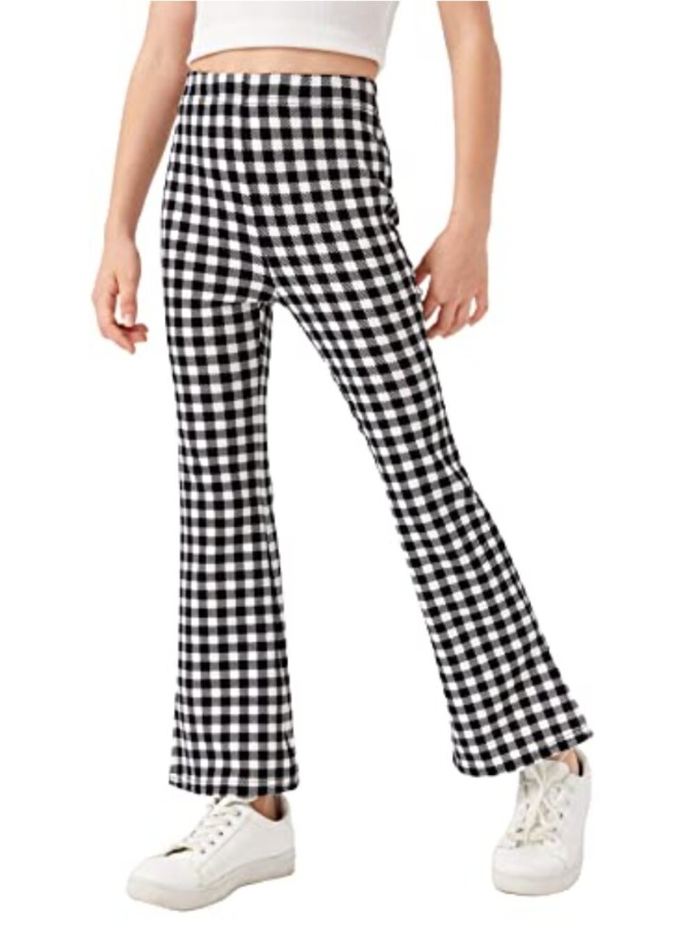 Girls Ribbed Knit High Waist Flare Leg Stretch Pants Plaid Palazzo